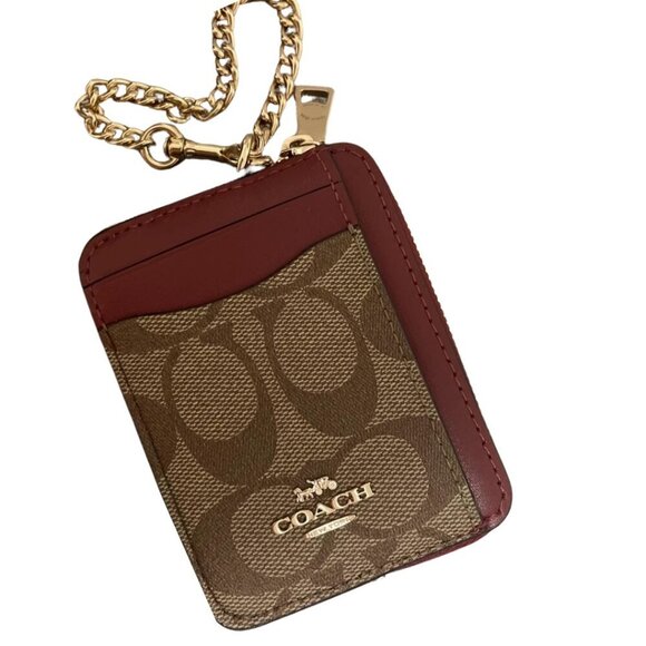 COACH Leather Zip Card Case Signature Khaki Cherry Detachable Chain NWT - Picture 8 of 11